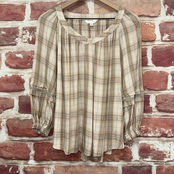LC Lauren Conrad Top Women's Small Tan White Multicolor Plaid Metallic Shirt - Picture 1 of 8